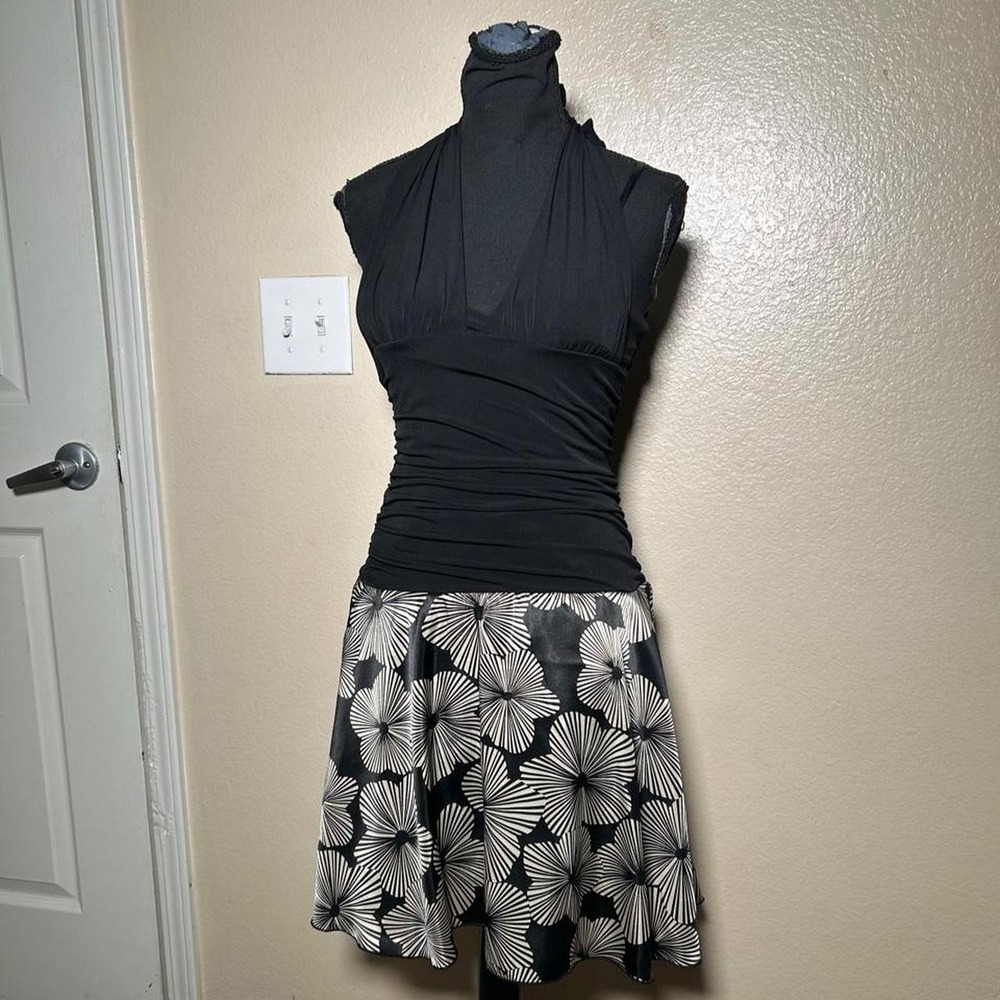 A. Byer Y2K Black Ruched Halter Top Floral Print Dress Vintage 90s 2000s Small